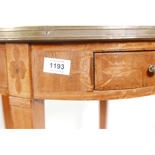 1193 - A C19th French inlaid walnut single drawer side table with brass mount and inset marble top, 22