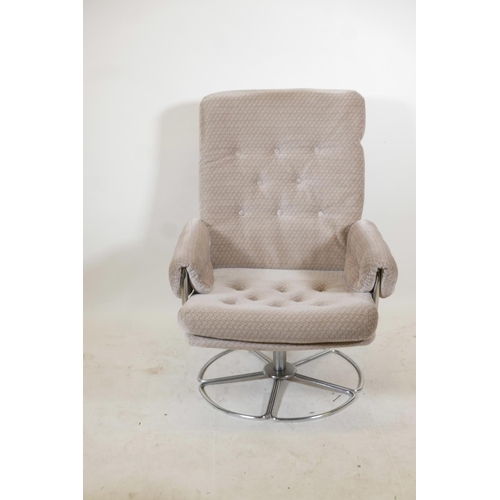 1203 - A late C20th chrome swivel armchair, with button back upholstery