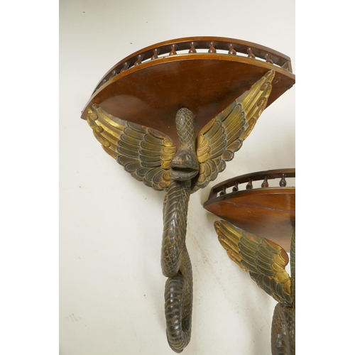 1215 - A pair of C19th mahogany corner wall brackets with bobbin turned galleries supported on carved and p... 