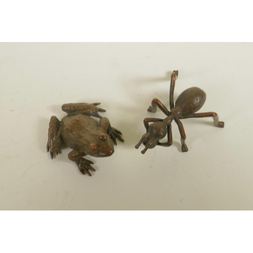 123 - A Japanese Jizai style bronze incense stick holder in the form of an ant, and another of a frog, 2