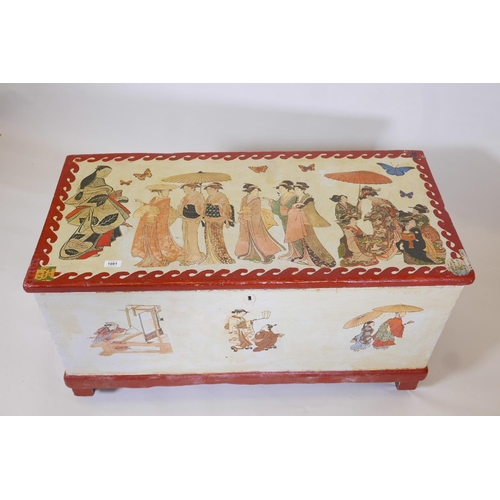 1252 - A C19th pine blanket chest with painted and decoupage decoration of Oriental figures, iron swing han... 