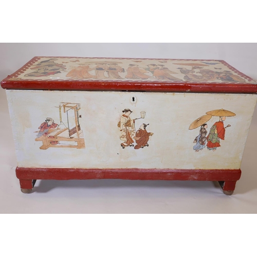 1252 - A C19th pine blanket chest with painted and decoupage decoration of Oriental figures, iron swing han... 