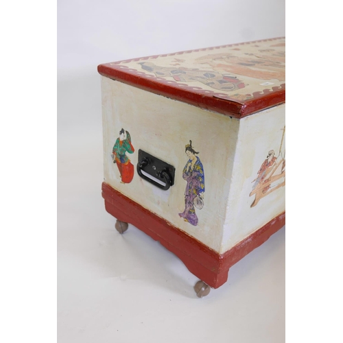 1252 - A C19th pine blanket chest with painted and decoupage decoration of Oriental figures, iron swing han... 