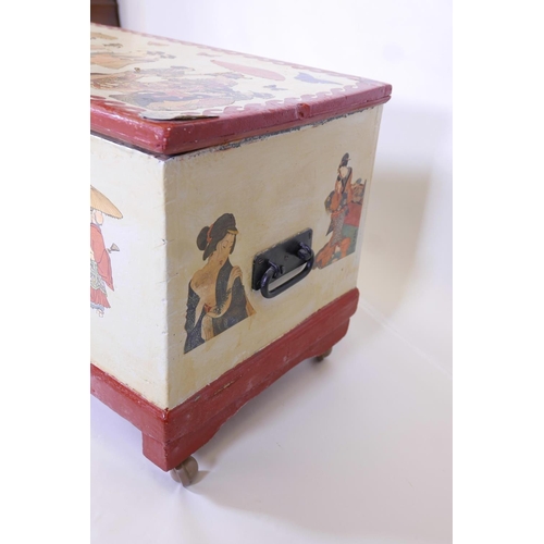 1252 - A C19th pine blanket chest with painted and decoupage decoration of Oriental figures, iron swing han... 