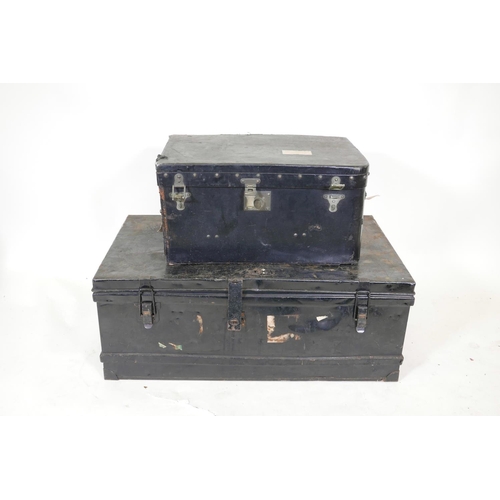 1259 - A 'Finnigans' canvas and leather bound travel trunk together with a tin trunk, largest 36