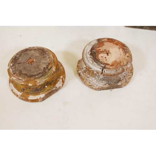 127 - A pair of antique painted faux marble and parcel gilt columns, A/F historic woodworm damage to capit... 