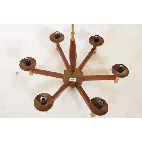 1276 - A vintage teak and brass six branch pendant ceiling light, 21