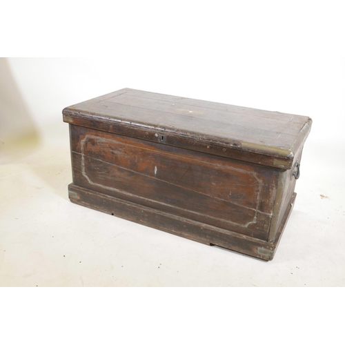 1285 - A C19th Indian teak blanket chest, with brass mounts and inlay, fitted with two candle boxes and car... 