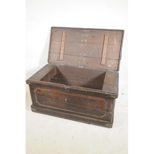 1285 - A C19th Indian teak blanket chest, with brass mounts and inlay, fitted with two candle boxes and car... 