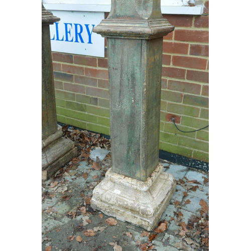 1301 - Architectural Salvage: A pair of Indian painted teak columns with carved capitals, mounted on carved... 