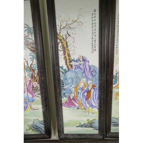 138 - A set of four Chinese porcelain wall plaques decorated with figures and animals in bright enamels, 8... 