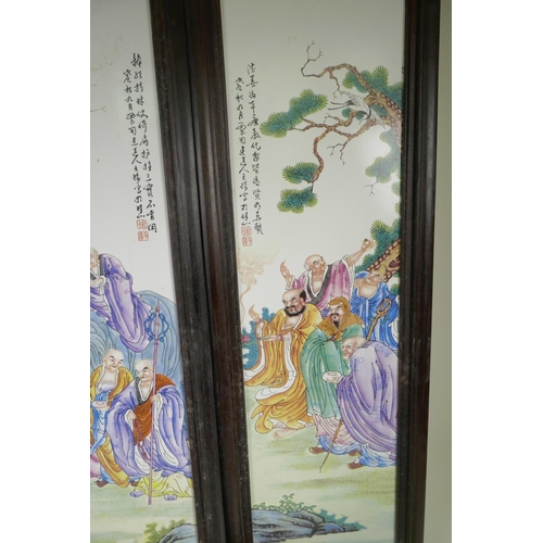 138 - A set of four Chinese porcelain wall plaques decorated with figures and animals in bright enamels, 8... 