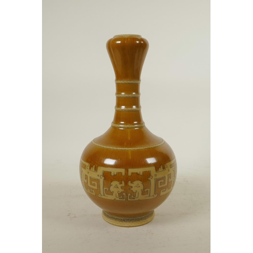 145 - A Chinese garlic head shaped porcelain vase with imitation brown bamboo style glaze and archaic styl... 