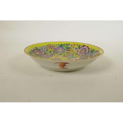 155 - A Chinese polychrome enamelled porcelain cabinet dish with all over Asiatic flower decoration, 6 cha... 