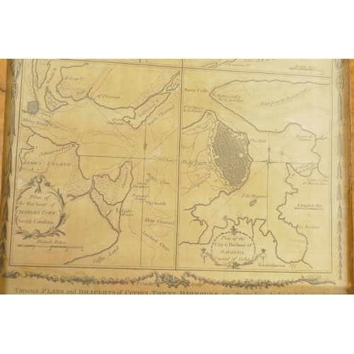 192 - An antique maple framed black and white map page illustrating America's major harbours in the C18th,... 