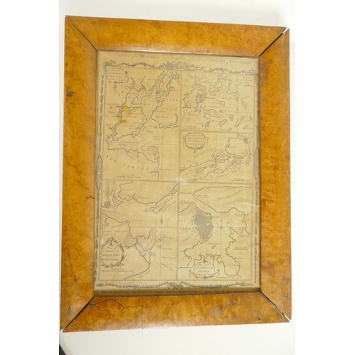 192 - An antique maple framed black and white map page illustrating America's major harbours in the C18th,... 