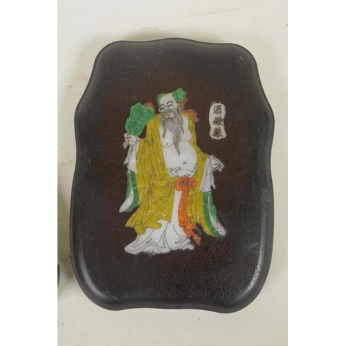 206 - A Chinese ink stone with engraved character inscription, in a lacquer box with mother of pearl style... 