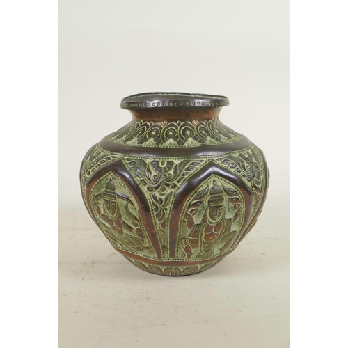 207 - An Indian copper pot with repousse figural decoration, 5