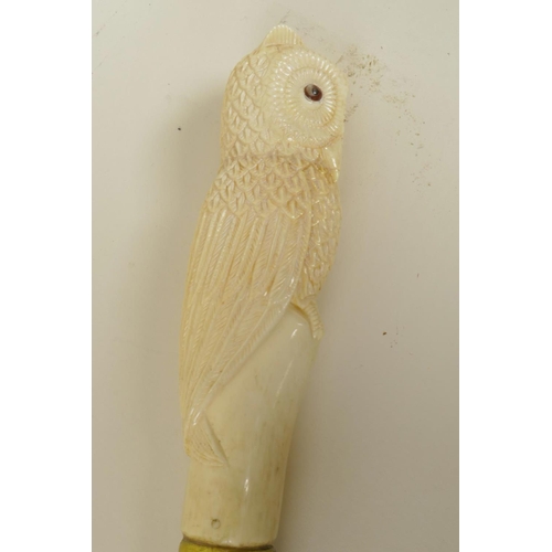 210 - A hardwood walking cane, the bone handle carved as an owl with glass eyes, 36