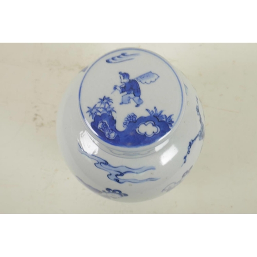 225 - A Chinese blue and white porcelain jar and cover decorated with women and children in a garden, 7