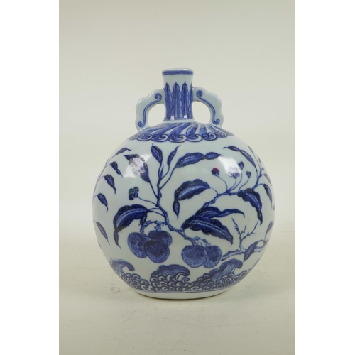 235 - A Chinese Ming style blue and white porcelain moon flask with two handles, decorated with fruit and ... 