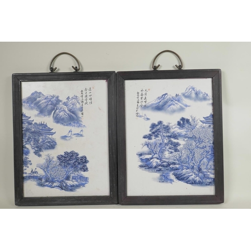 244 - A pair Chinese blue and white porcelain plaques of landscape scenes, signed with calligraphy, 9½