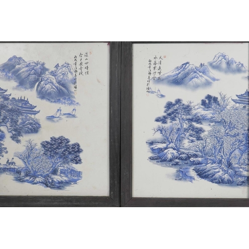 244 - A pair Chinese blue and white porcelain plaques of landscape scenes, signed with calligraphy, 9½