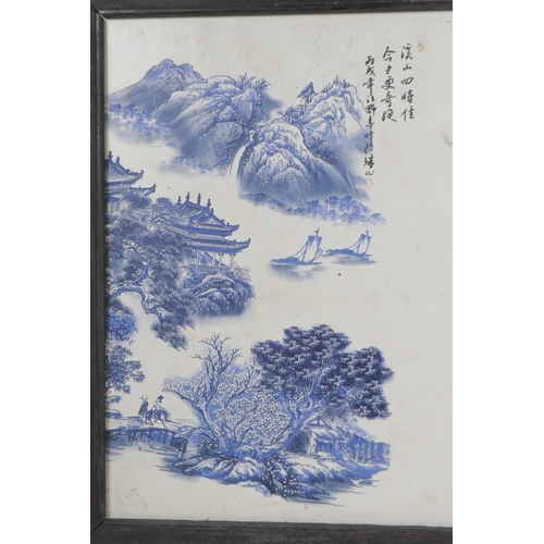 244 - A pair Chinese blue and white porcelain plaques of landscape scenes, signed with calligraphy, 9½