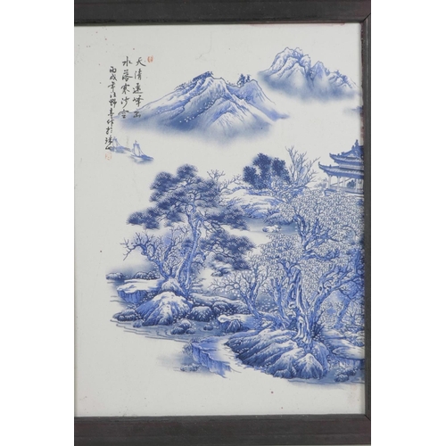 244 - A pair Chinese blue and white porcelain plaques of landscape scenes, signed with calligraphy, 9½