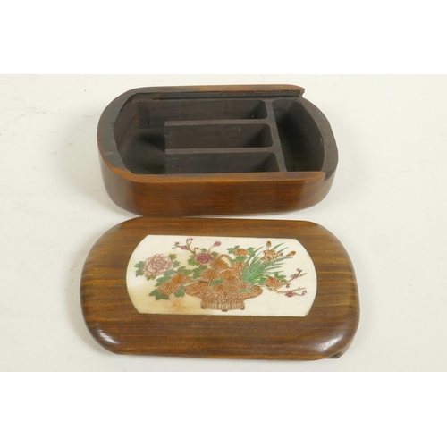 258 - A small Japanese hardwood box, the cover with inset bone panel decorated with a basket of flowers, 4... 