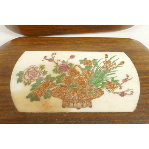 258 - A small Japanese hardwood box, the cover with inset bone panel decorated with a basket of flowers, 4... 