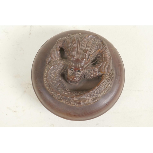 260 - A Japanese wood trinket box, the cover carved as a dragon, 2¾