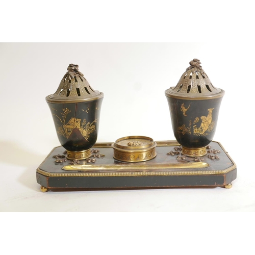 262 - An antique French ebonised wood and ormolu mounted desk stand with chinoiserie decoration, 9