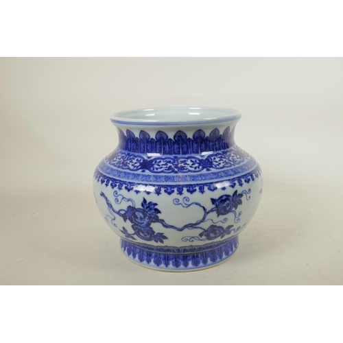 268 - A Chinese blue and white porcelain jar with fruiting branches, seal mark to base, 7½