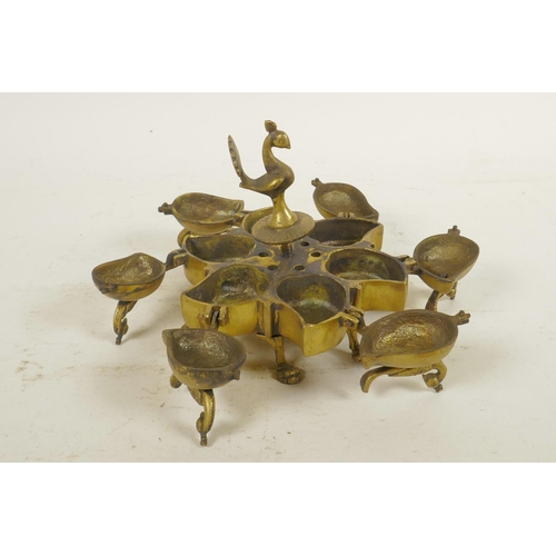 269 - An Indian six section brass tika box decorated with birds, 5