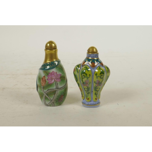 285 - A Chinese polychrome porcelain snuff bottle in the form of a lotus leaf, and another similar, 4 char... 