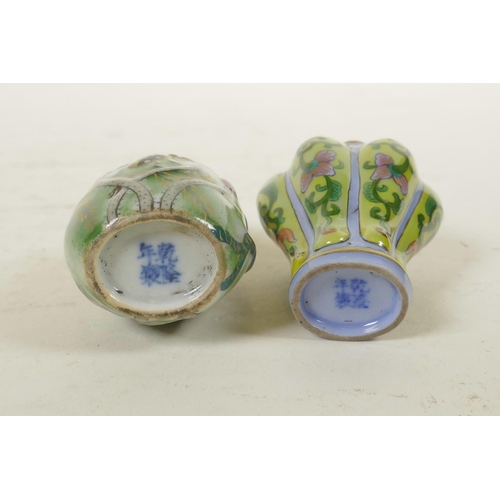 285 - A Chinese polychrome porcelain snuff bottle in the form of a lotus leaf, and another similar, 4 char... 