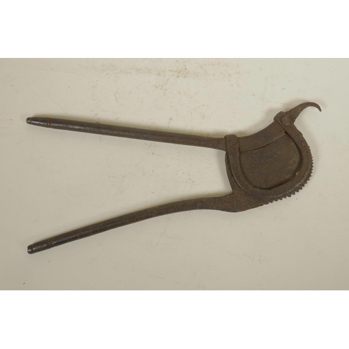 287 - An antique Indian iron betel nut cutter, together with a metal oil ladle, 16