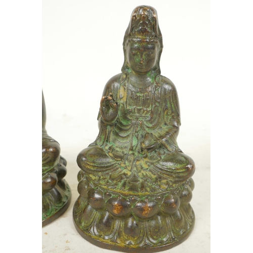 296 - Two Chinese bronze figures of Buddha and Quan Yin meditating on lotus thrones, 3½