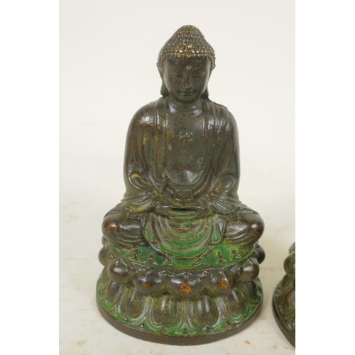 296 - Two Chinese bronze figures of Buddha and Quan Yin meditating on lotus thrones, 3½