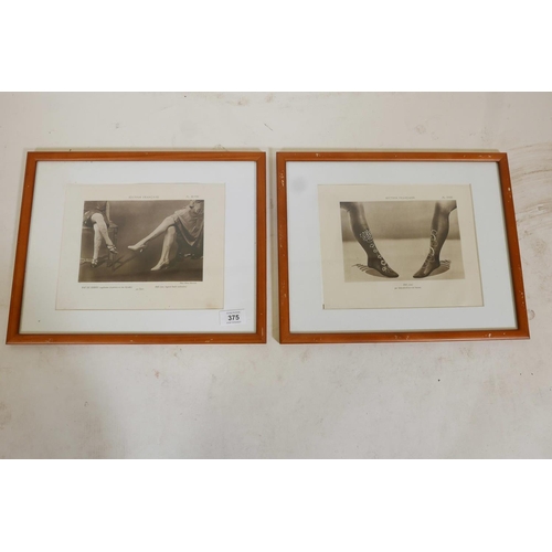 375 - A pair of framed pages from a French lingerie catalogue, with images of silk stockings by Eres and G... 