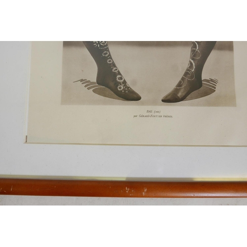 375 - A pair of framed pages from a French lingerie catalogue, with images of silk stockings by Eres and G... 