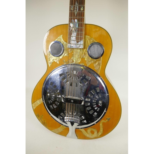 385 - A semi acoustic Resonator 6 string guitar with mother of pearl inlay depicting a dragon and hawk, 40... 