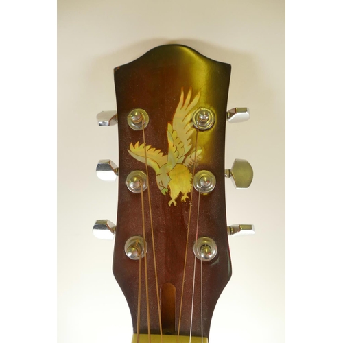 385 - A semi acoustic Resonator 6 string guitar with mother of pearl inlay depicting a dragon and hawk, 40... 