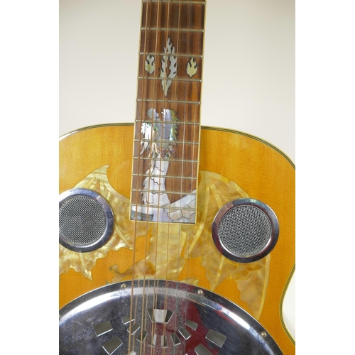 385 - A semi acoustic Resonator 6 string guitar with mother of pearl inlay depicting a dragon and hawk, 40... 