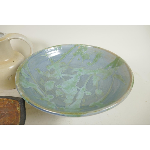 394 - A studio pottery tazza with a splash green glaze, 10