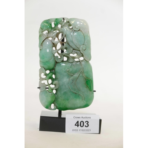 397 - A mounted jade ornament, with carved and pierced decoration of gourds, jade 4