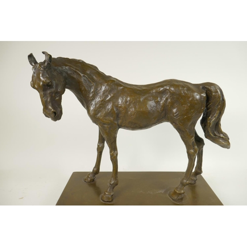 412 - A bronze figure of a horse after Mene on a bronze and marble plinth, 12