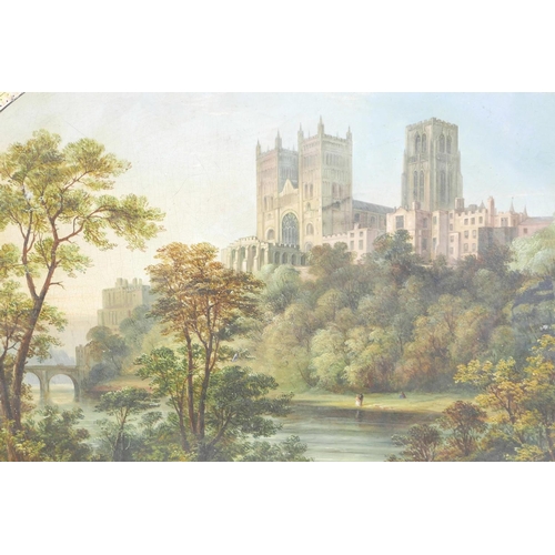 420 - A C19th papier mache tray, with gilt borders and well painted view of Durham Cathedral, A/F warped, ... 