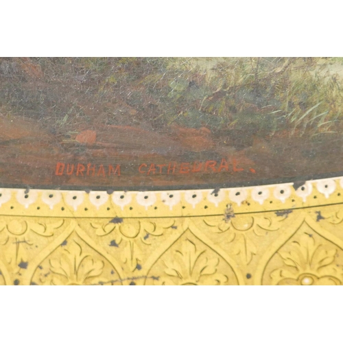 420 - A C19th papier mache tray, with gilt borders and well painted view of Durham Cathedral, A/F warped, ... 